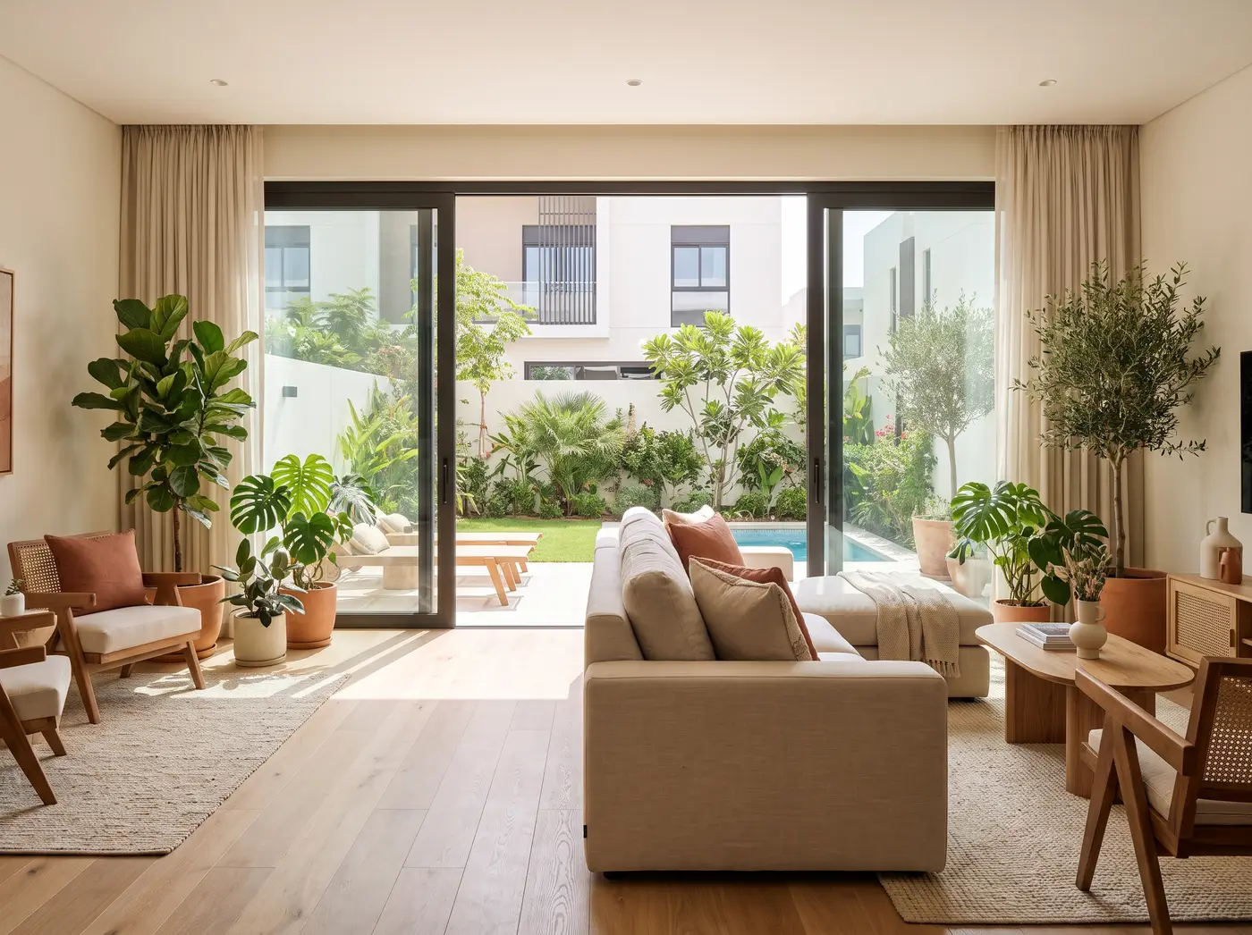 JVC townhouse living room with sliding glass doors to a private garden