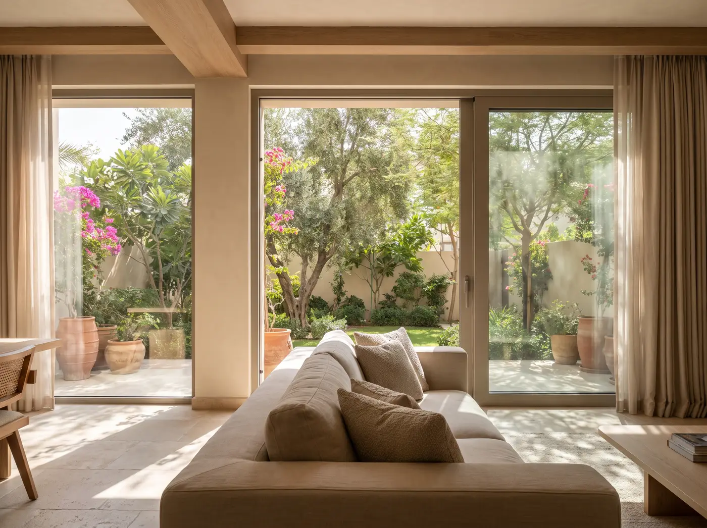 Mirdif villa living room with wide windows onto a shaded courtyard garden