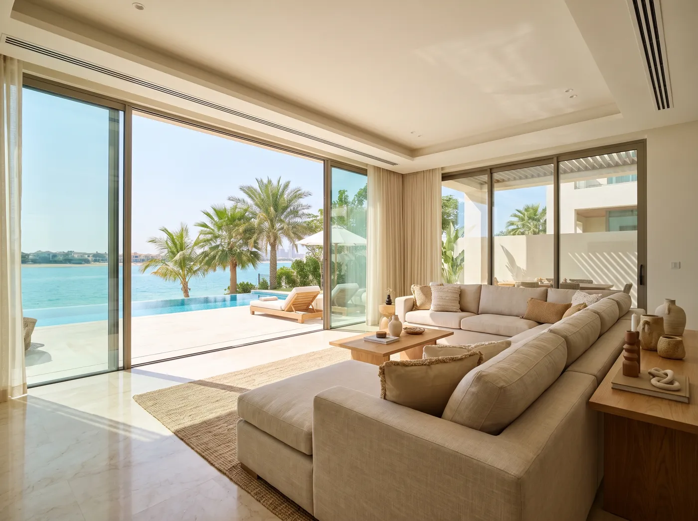 Palm Jumeirah villa living room with sliding glass walls to a terrace, pool and the sea