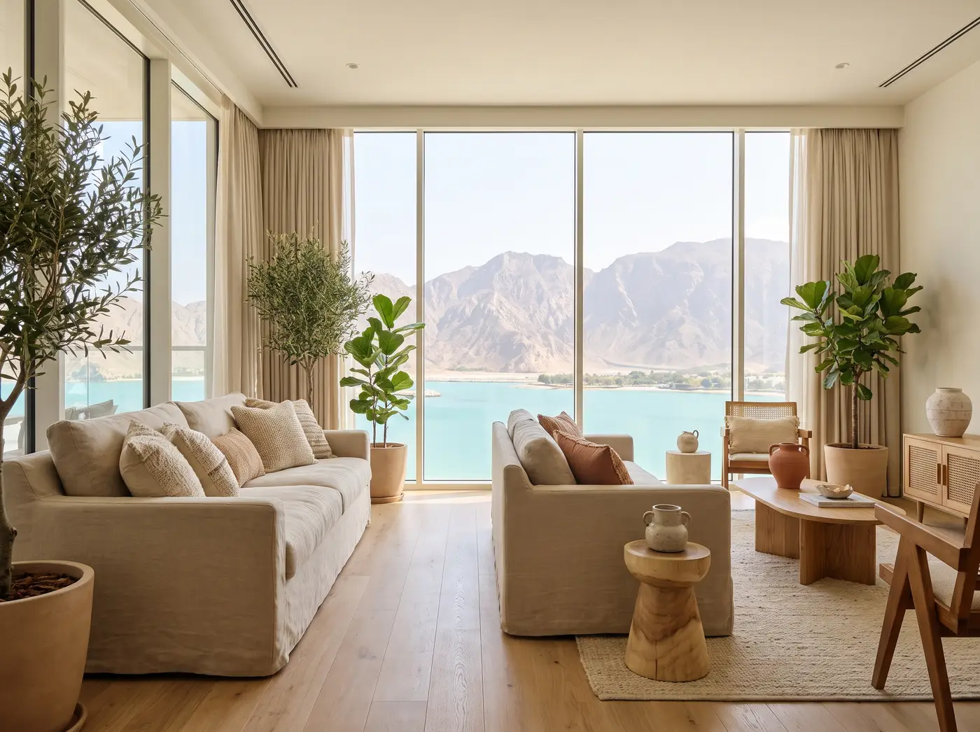 Ras Al Khaimah apartment interior with windows over the lagoon and mountains