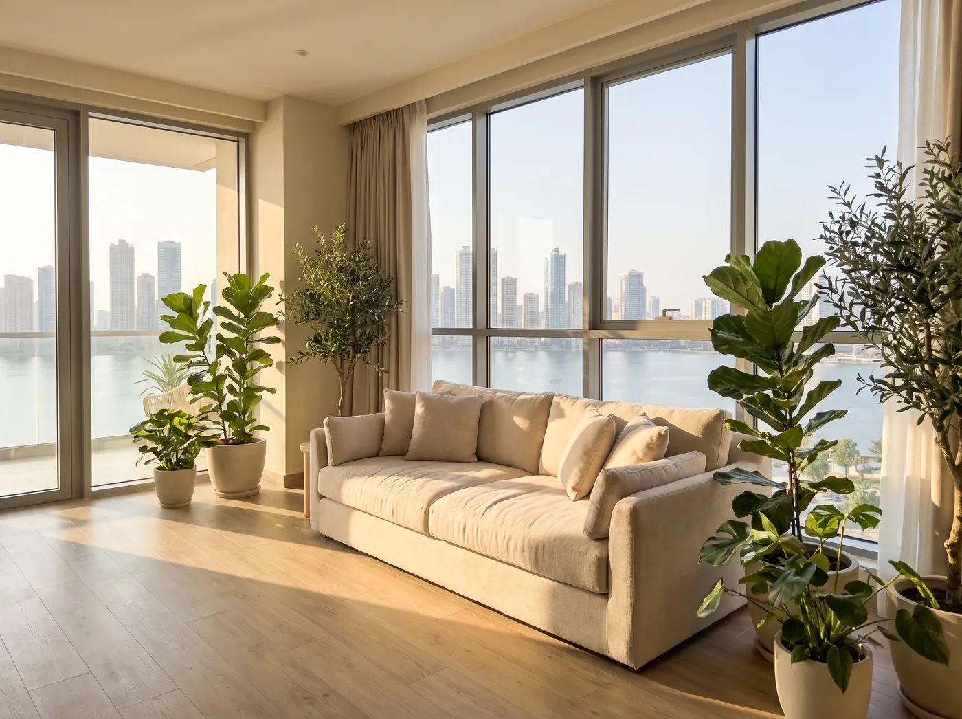 Sharjah apartment interior with wide windows over the lagoon