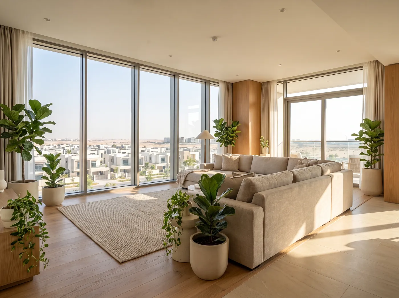 Silicon Oasis apartment interior with wide windows over the district