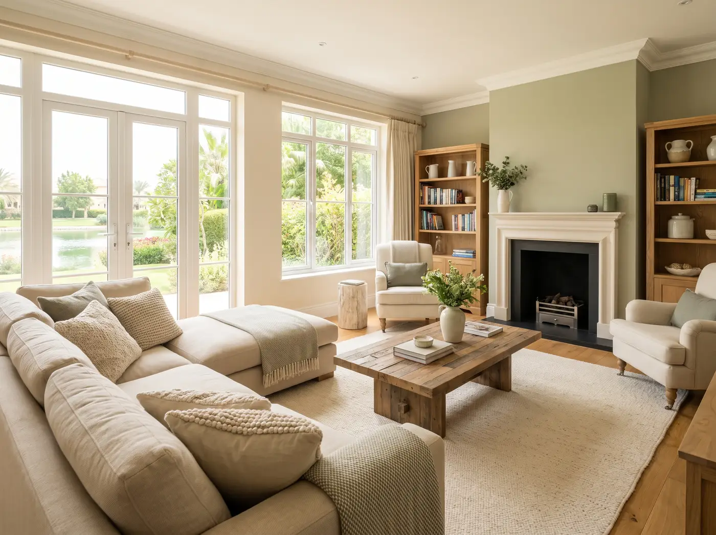 Meadows villa living room with white patio doors to a lakeside garden