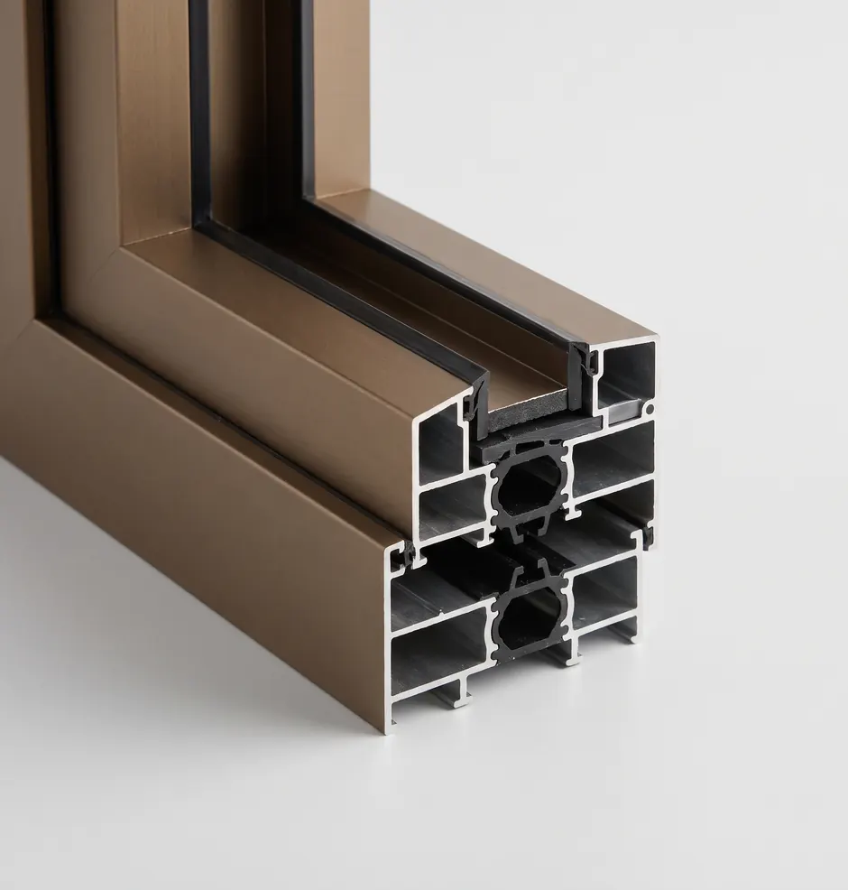 Anodised aluminium window profile in section, polyamide thermal break visible