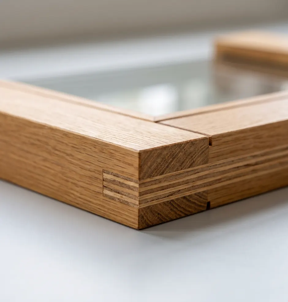 Engineered hardwood window frame corner with laminated layers visible