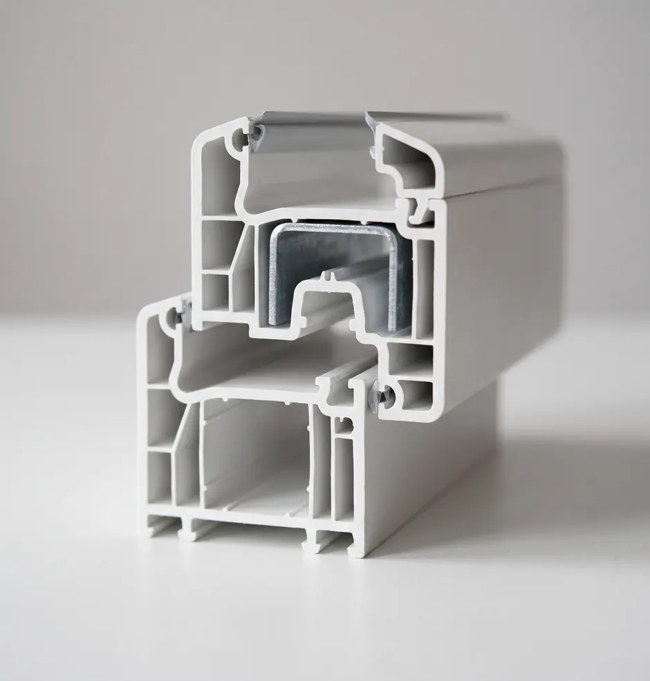 White multi-chamber uPVC window profile in section