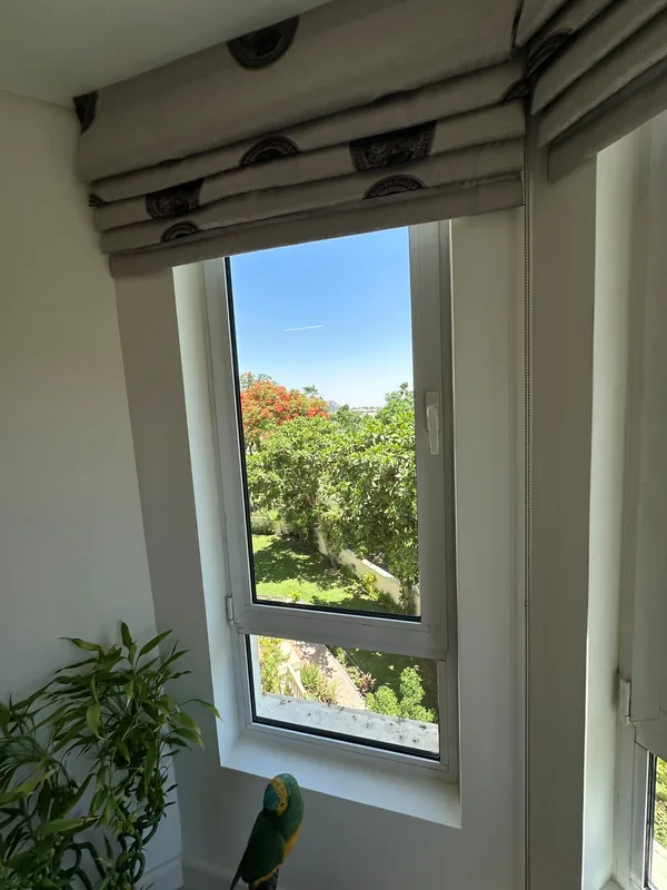 Repaired window opening onto a Dubai villa garden
