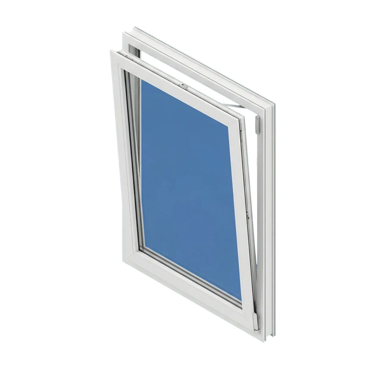 White uPVC tilt-and-turn window with a double glazed unit, shown open in a 3D render