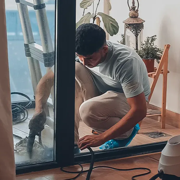 A technician clears the floor track of a sliding door
