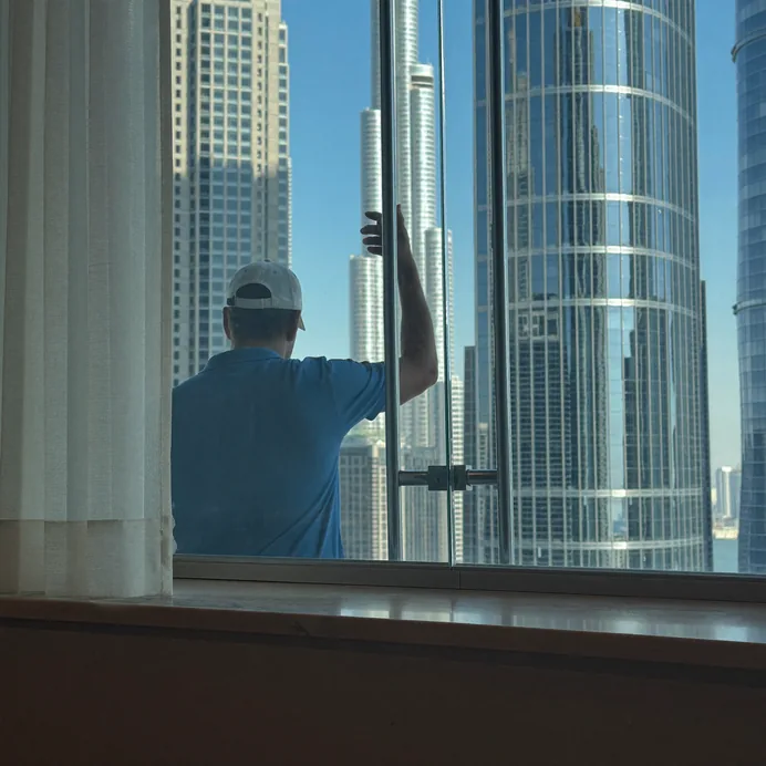 Technician repairing a pivot door floor spring in Dubai