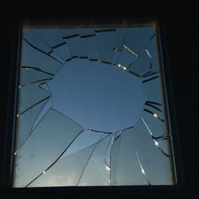 Smashed window pane with a large hole in the glass before a same-day board-up