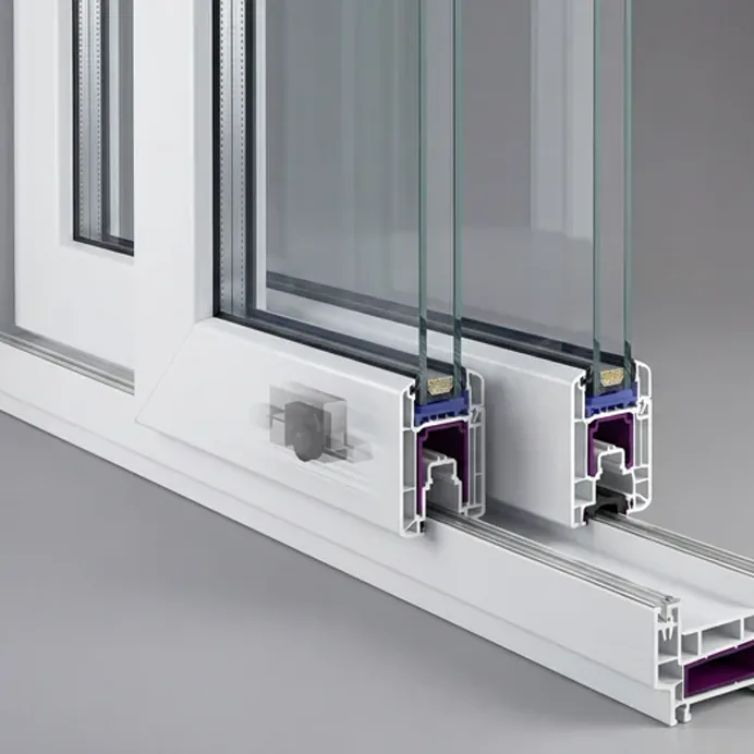 A cutaway of a sliding window profile and the track the leaf runs in