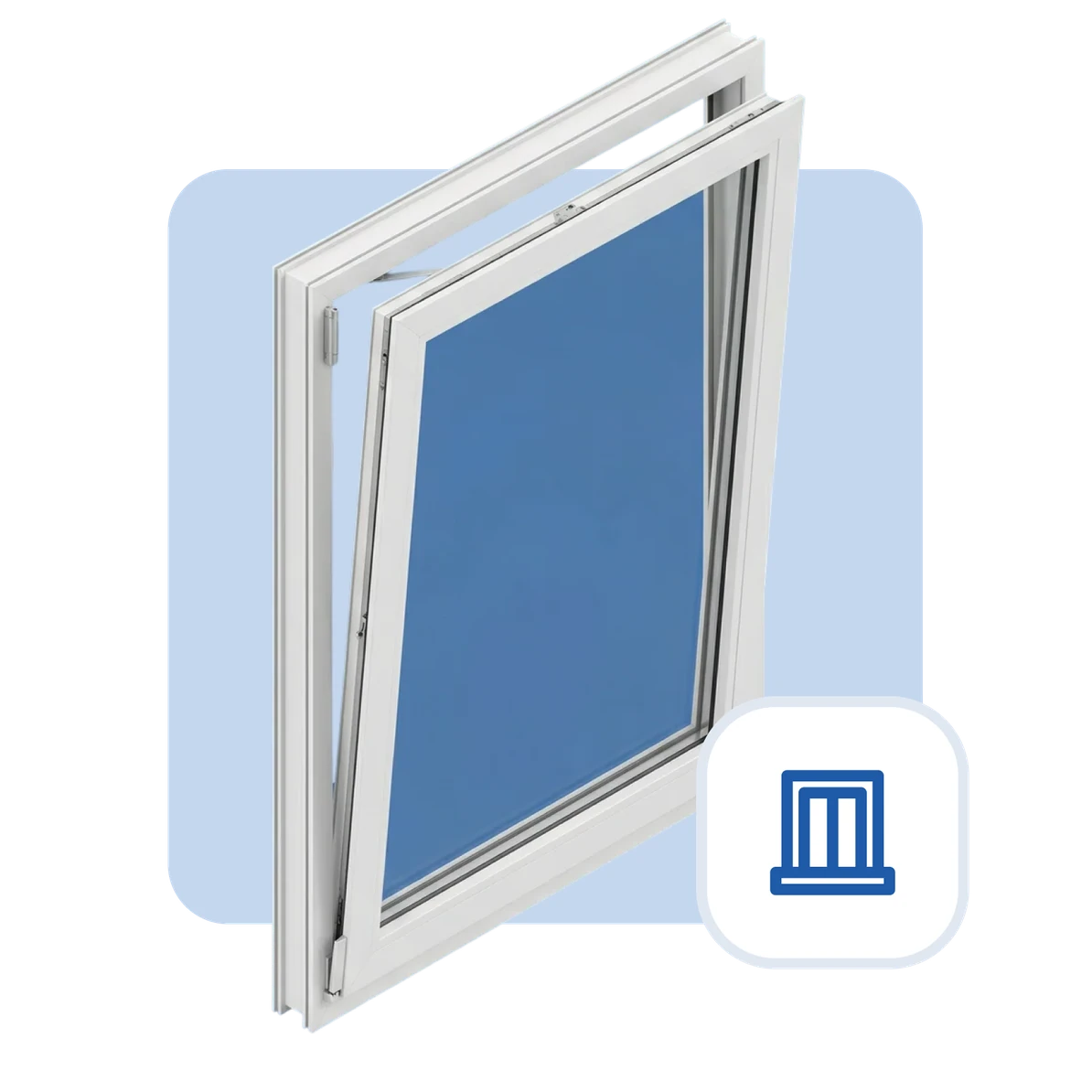 White uPVC tilt-and-turn window shown open in a 3D render on a pale blue backdrop