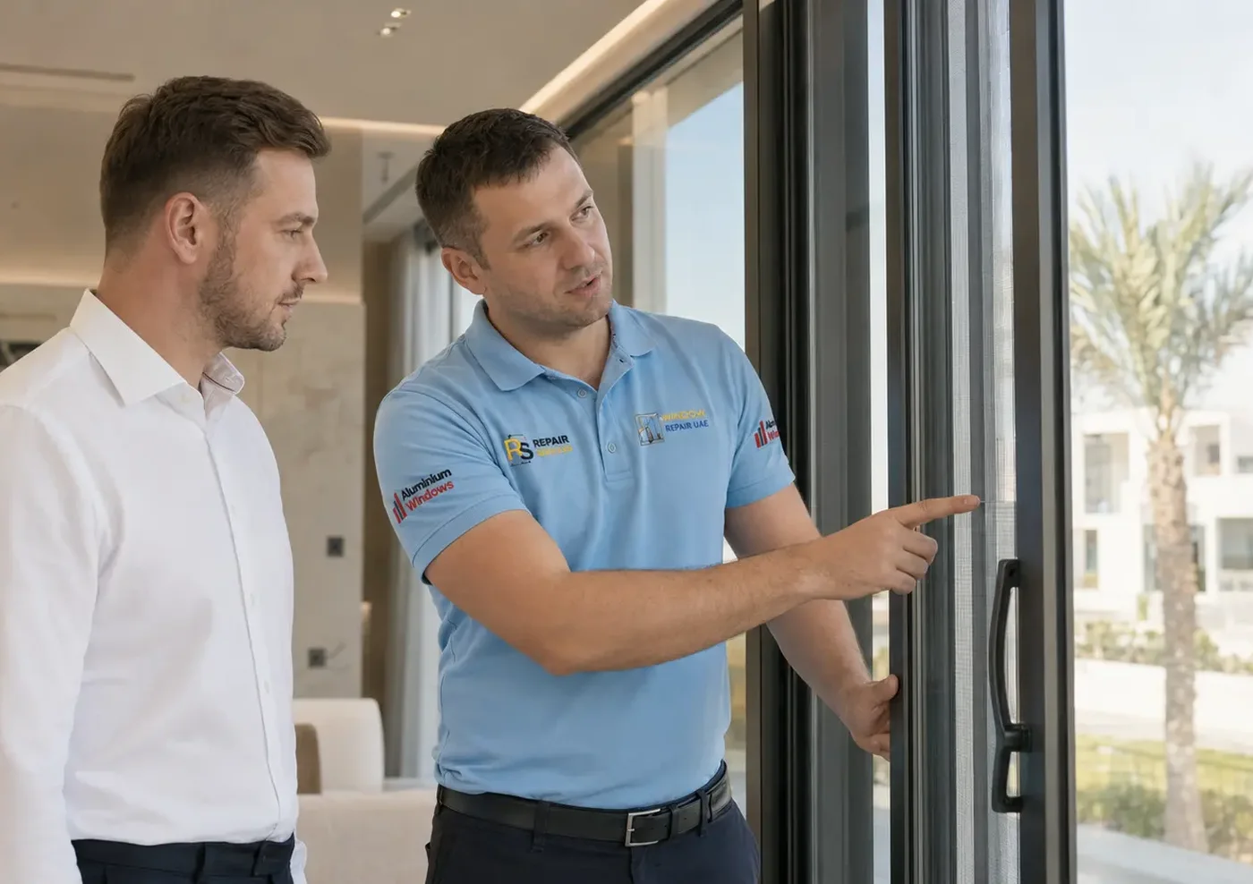 Window Repair UAE technician showing a client the repaired sliding patio door of a Dubai villa