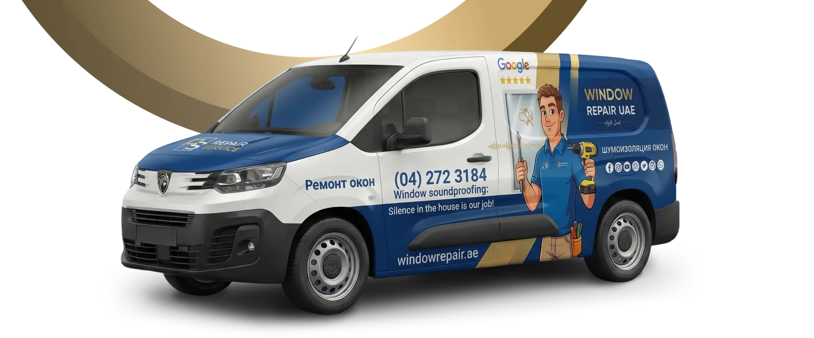 Window Repair UAE service van with the windowrepair.ae address on the side