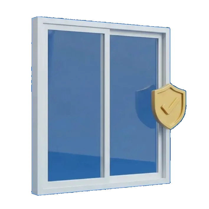 Soundproofed window with a shield emblem, isometric 3D render