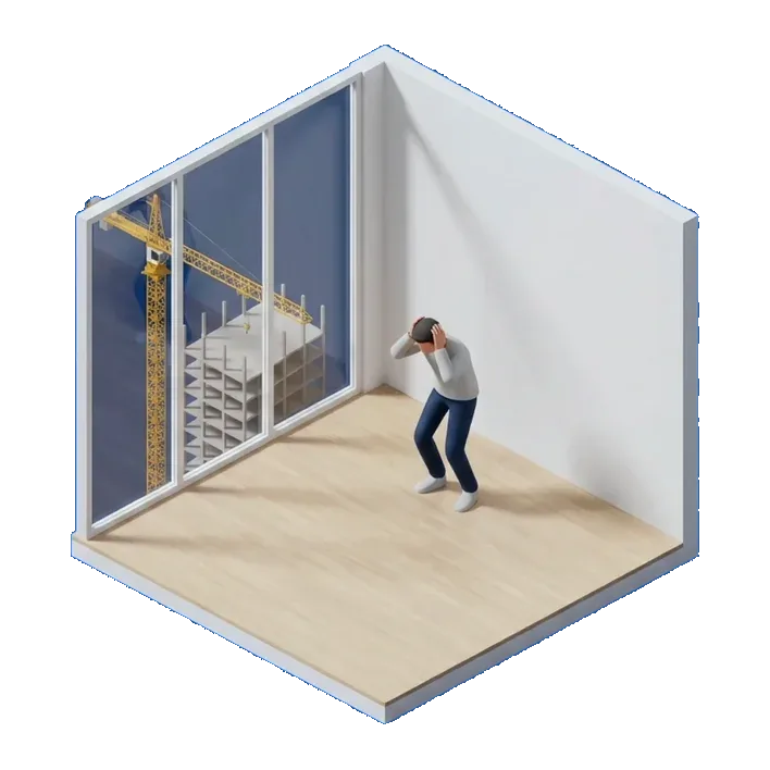 Person covering their ears from street noise in an apartment, isometric 3D render
