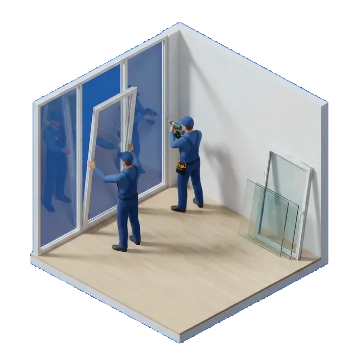 Two technicians fitting a soundproof glazing unit, isometric 3D render