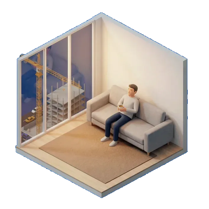 Person relaxing on a sofa in a quiet room, isometric 3D render