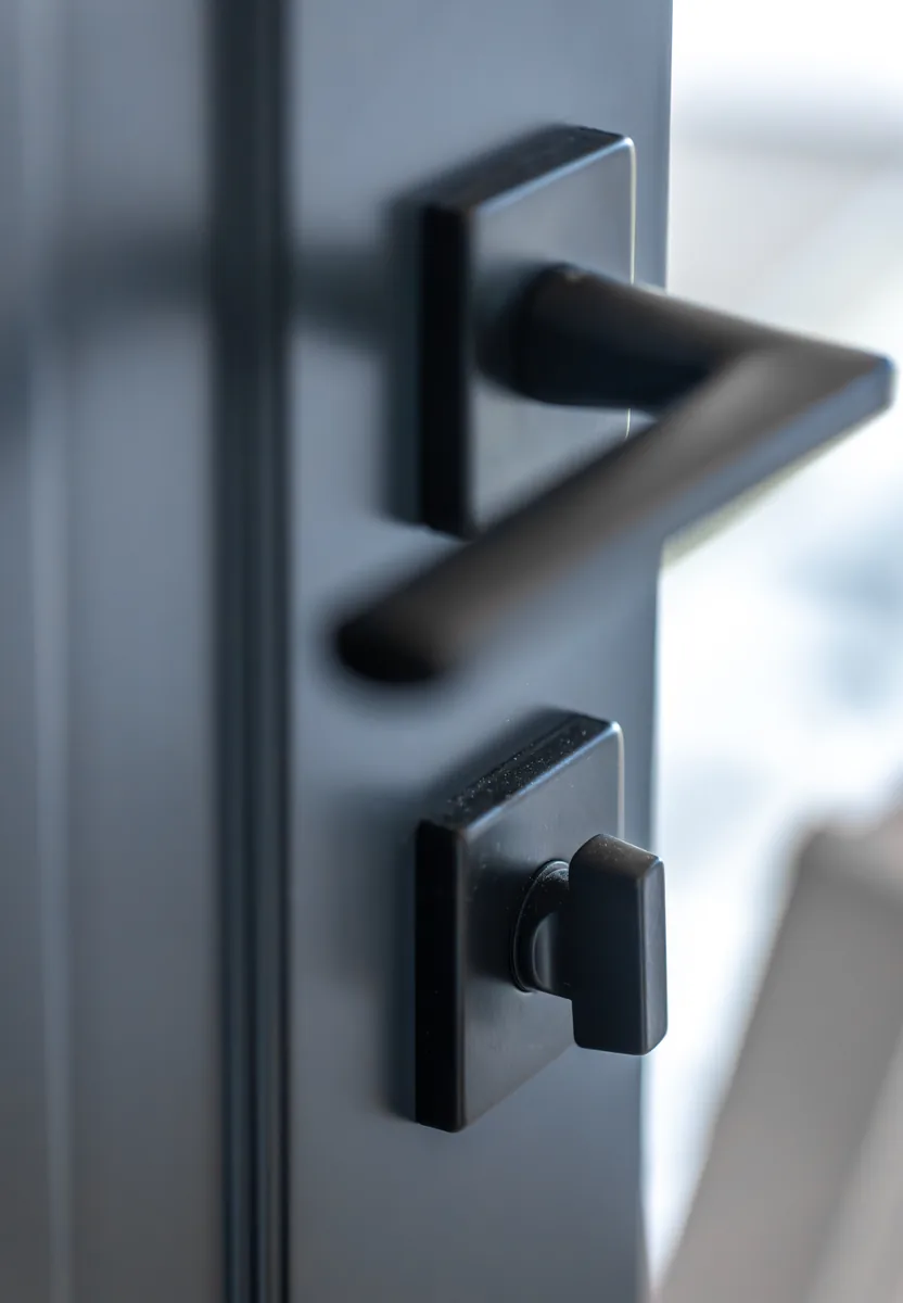 Close-up of a matt black lever handle and thumb-turn lock on a dark sliding door leaf