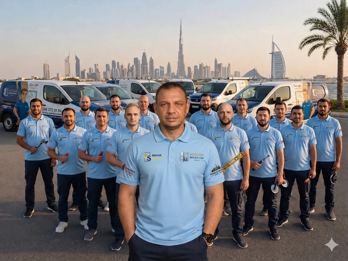 Window Repair UAE technicians standing in front of the company vans with the Dubai skyline behind them