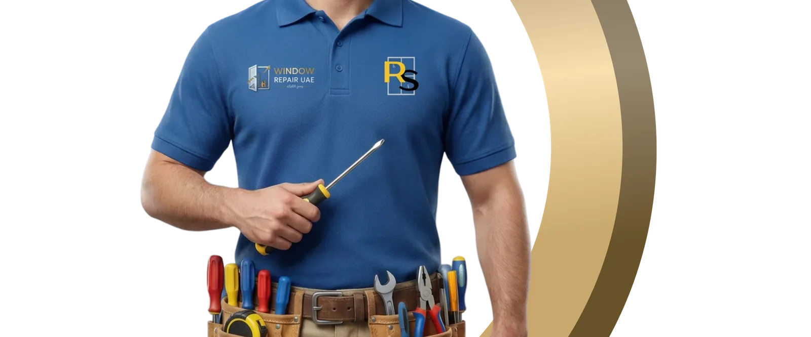 Window Repair UAE technician with a screwdriver and a tool belt